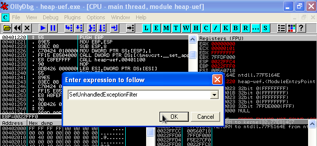 Finding SetUnhandledExceptionFilter()