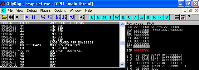 Executing our JMP and landing in shellcode