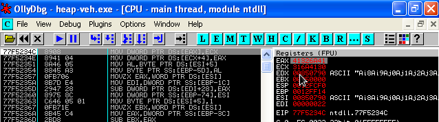 Overwriting EAX/ECX with a unique pattern