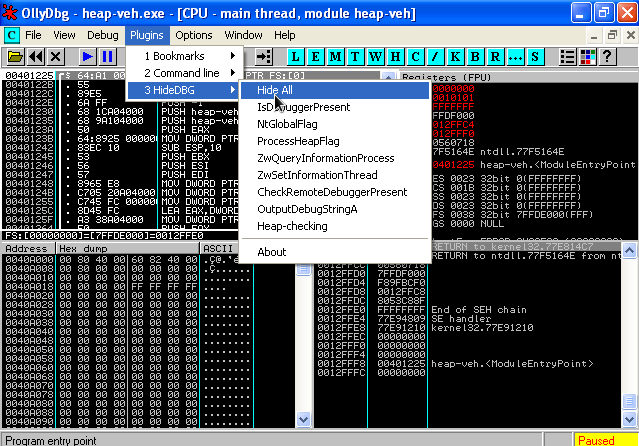 Setting anti-debug with the HideDbg Olly plugin